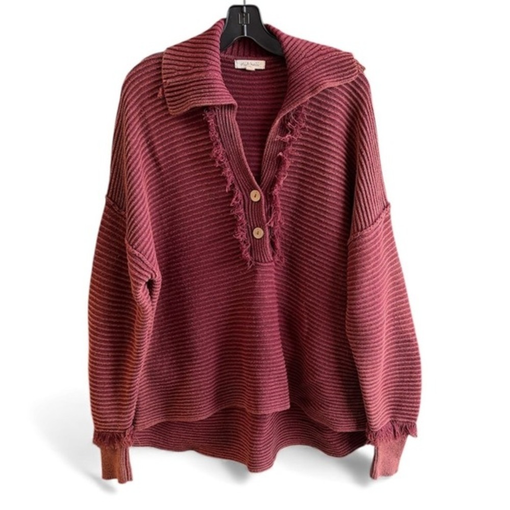 Oli & Hali Pullover Sweater Oversized Burgundy Ribbed Fringed Henley Medium